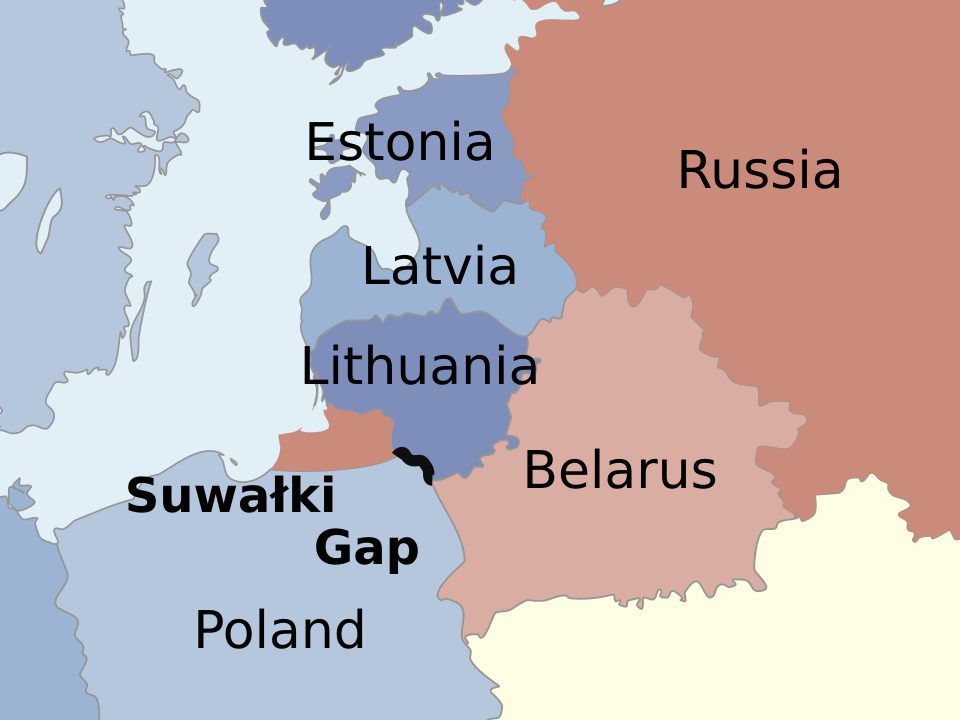 Suvalkų koridoriaus vietos žemėlapis tarp Kaliningrado srities ir Baltarusijos
